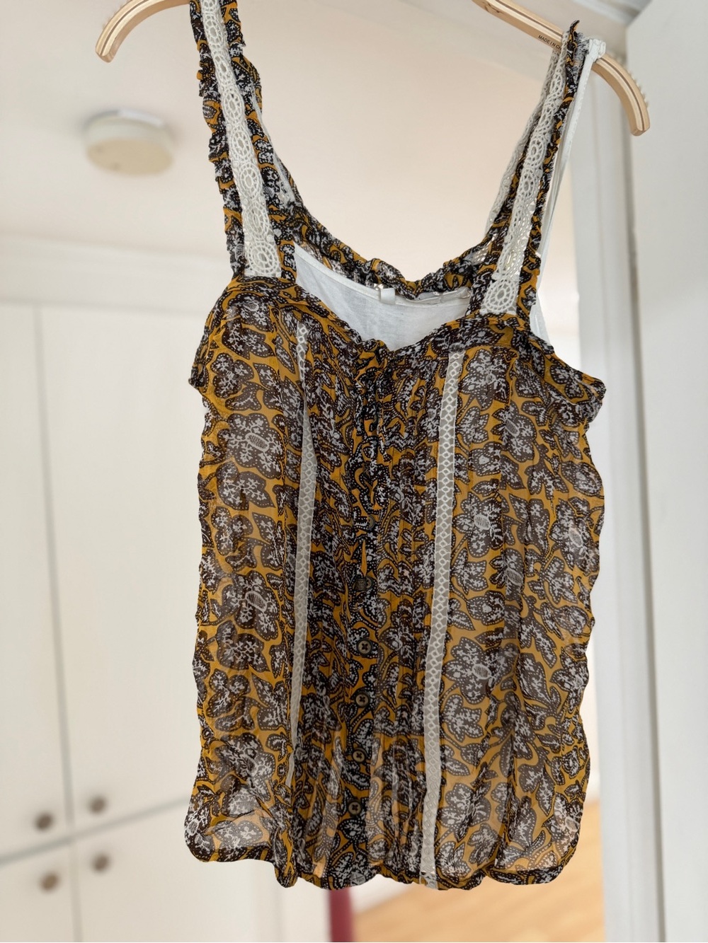 Anthropologie Mustard Yellow and Black Paisley Lace-Trim Camisole